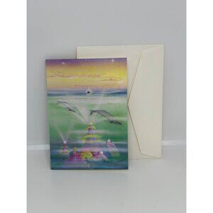 VTG GLO Greeting Card With Envelope - Cosmic Dolphins Design Pastel Watercolor